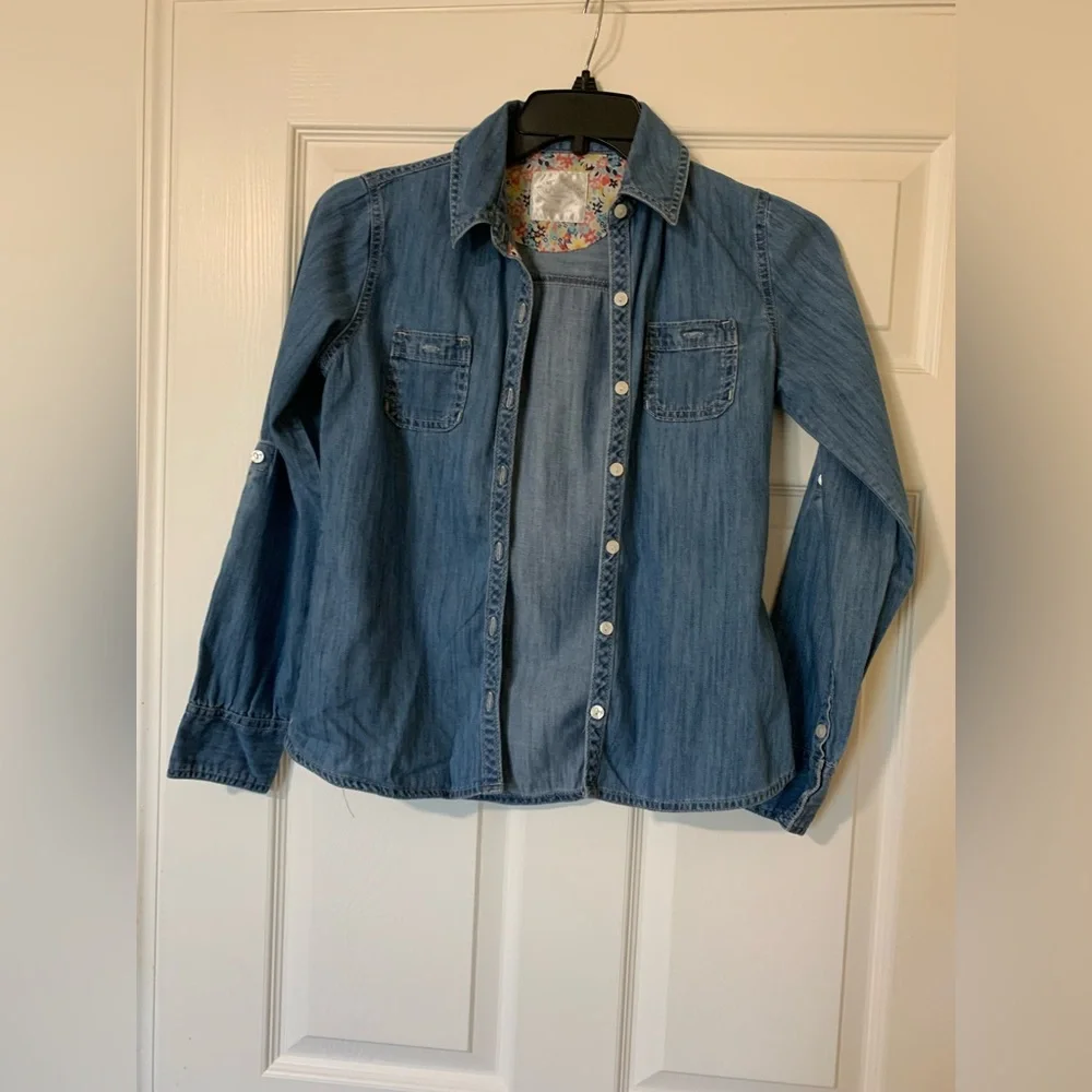 Justice Collared Long Sleeve Denim Button‎ Down with Floral Accent Size 16